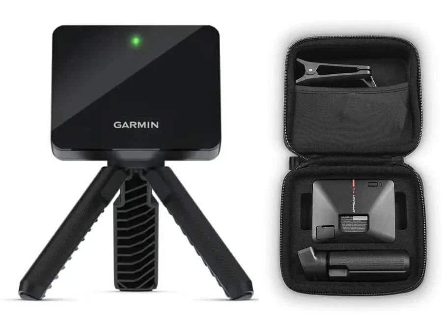 Fast Bundle's Low Cost Garmin R10 Golf Simulator Bundle with XGA Projector and Bay includes a radar device on a tripod stand alongside a carrying case with accessories.