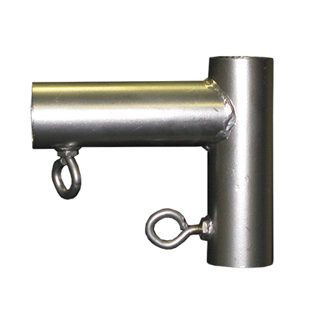 The ALLSPORTSYSTEMS Golf Cage Corner Brackets and Frame Connectors are metal T-shaped connectors with two eye bolts, designed for seamless integration with EMT poles, oriented both horizontally and vertically.