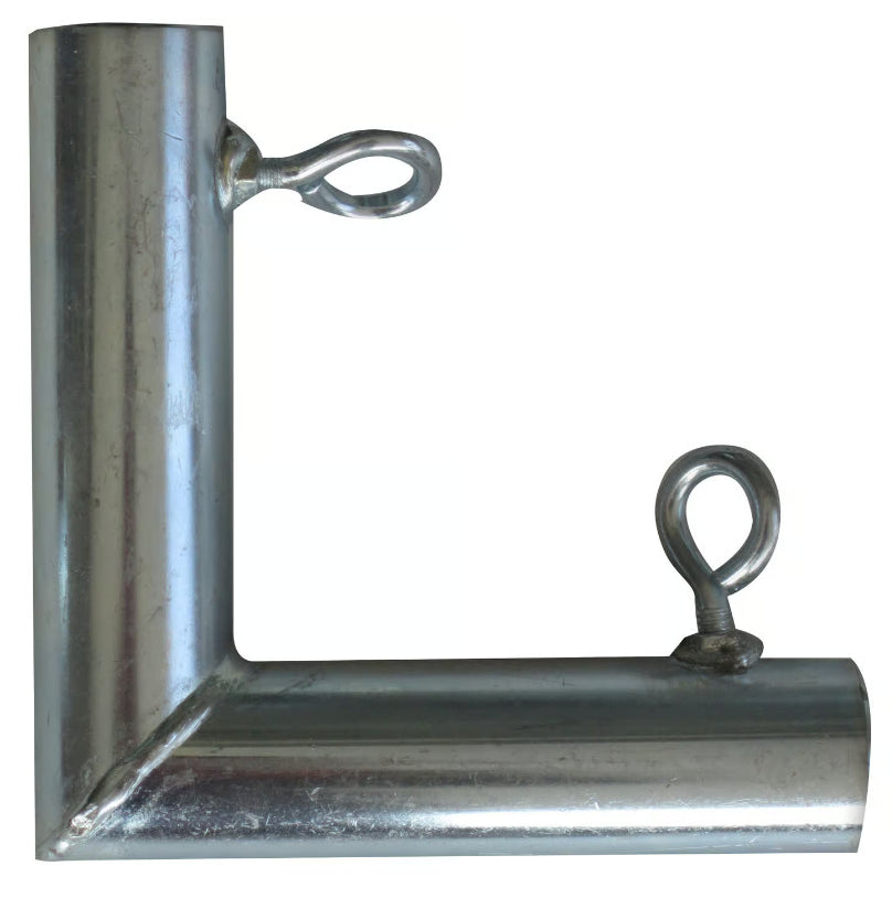 The ALLSPORTSYSTEMS Golf Cage Corner Brackets and Frame Connectors are metal T-shaped connectors with two eye bolts, designed for seamless integration with EMT poles, oriented both horizontally and vertically.
