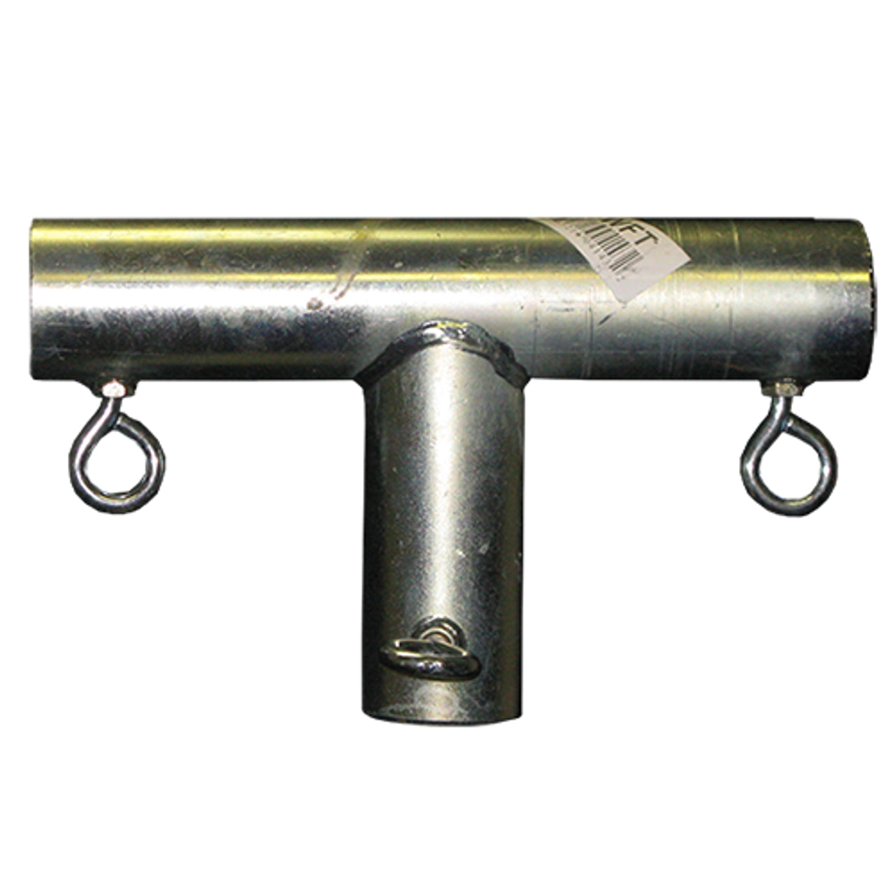 The ALLSPORTSYSTEMS Golf Cage Corner Brackets and Frame Connectors are metal T-shaped pipe connectors designed for use with EMT poles, featuring hooks on opposite sides and a price tag on top. They're perfect for assembling sturdy frame connectors in various applications.