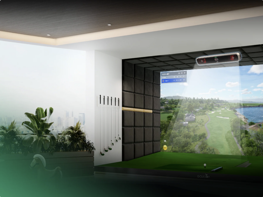 Indoor golf sim setup featuring GOLFJOY GR3 overhead launch monitor.