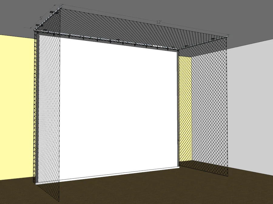 A white Sky Bay™ Hanging Golf Simulator Bays and Enclosures with a hanging enclosure by AllSportSystems.