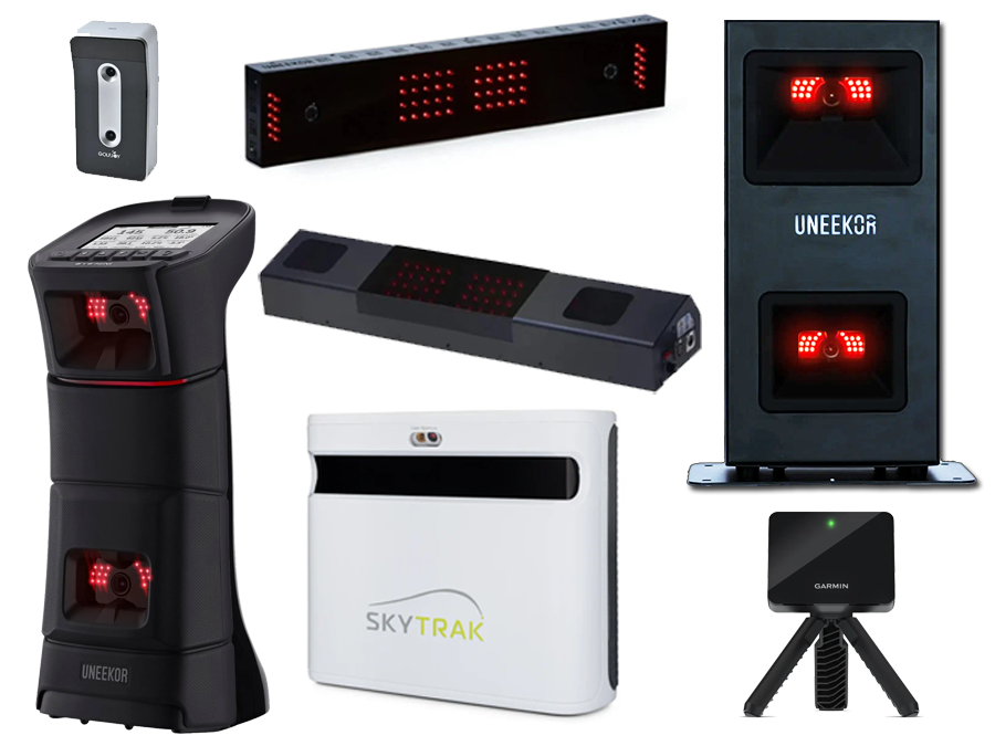 A collection of golf simulator launch monitors from brands such as Uneekor, SkyTrak, and Garmin, including the Fast Bundle Hanging Sim Bay Kit with XGA Projector.