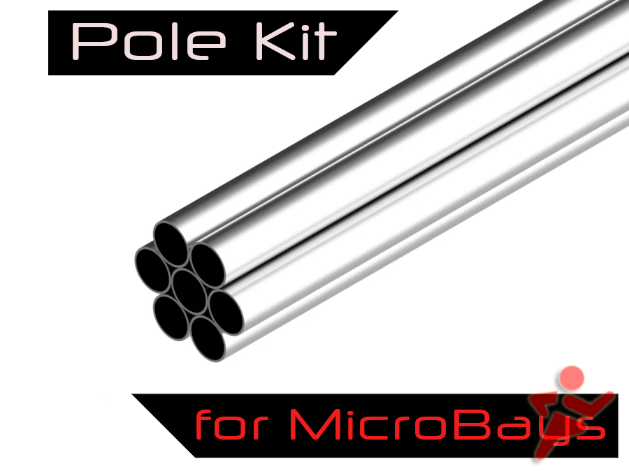 Image of the AllSportSystems Affordable Golf Simulator Bundle for MicroBays, featuring six sleek silver tubes stacked together, reminiscent of precision-crafted golf clubs.