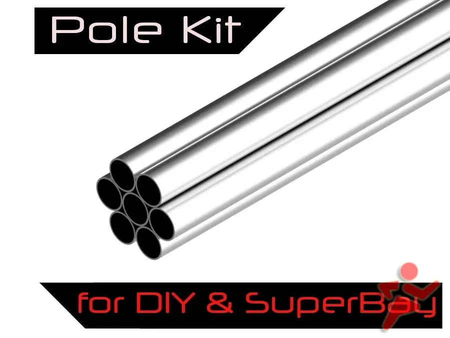 Image showing a pole kit comprising six metal tubes, labeled "Complete Golf Simulator Package with Uneekor Eye XO and 16-9 SuperBay" alongside the Fast Bundle logo in the bottom right corner.