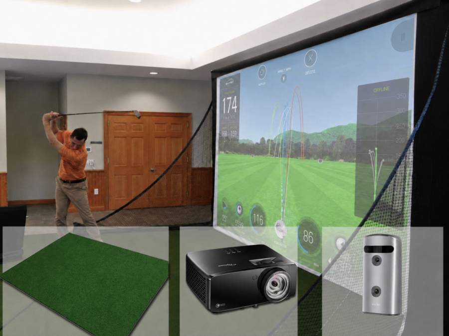 Complete GOLFJOY GDS PRO golf sim package with 1080p projector and Micro Bay enclosure.