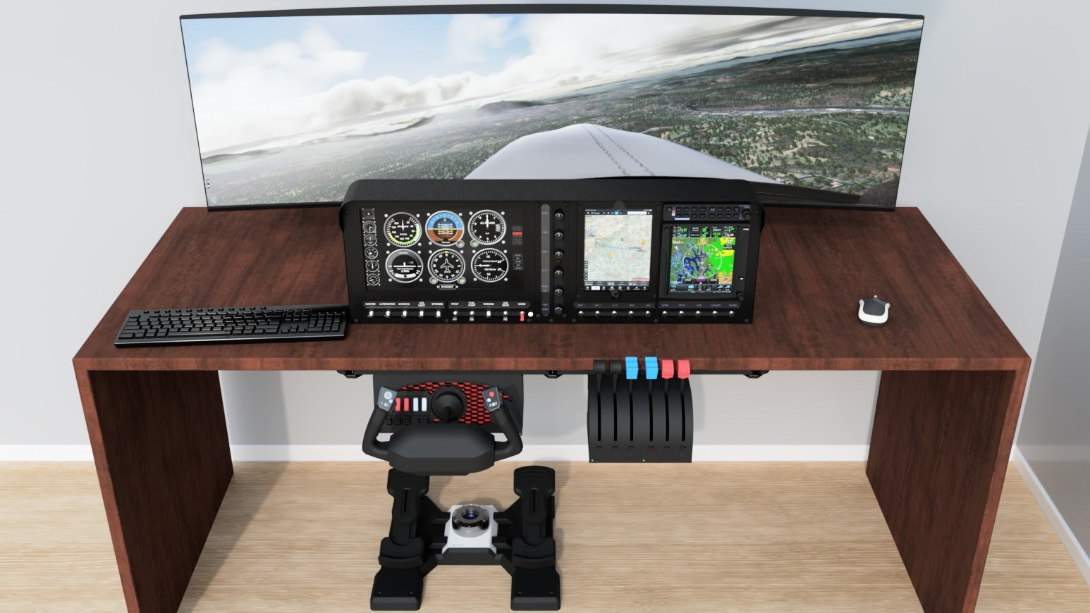 The ALLSPORTSYSTEMS Flexible Instrument Panels and Dashes for Home Flight Simulators offer a large curved monitor with an aerial view, detailed control panels, gauges, joystick, throttle controls, and keyboard on a wooden desk to enhance your flying experience.