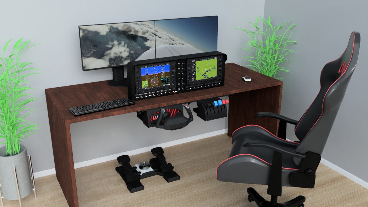 Enhance your home flight simulator with the ALLSPORTSYSTEMS Flexible Instrument Panels, featuring a dual-monitor setup, realistic foot pedal navigation, cockpit controls, and a cozy gaming chair, all elegantly arranged on a wooden desk with two potted plants.