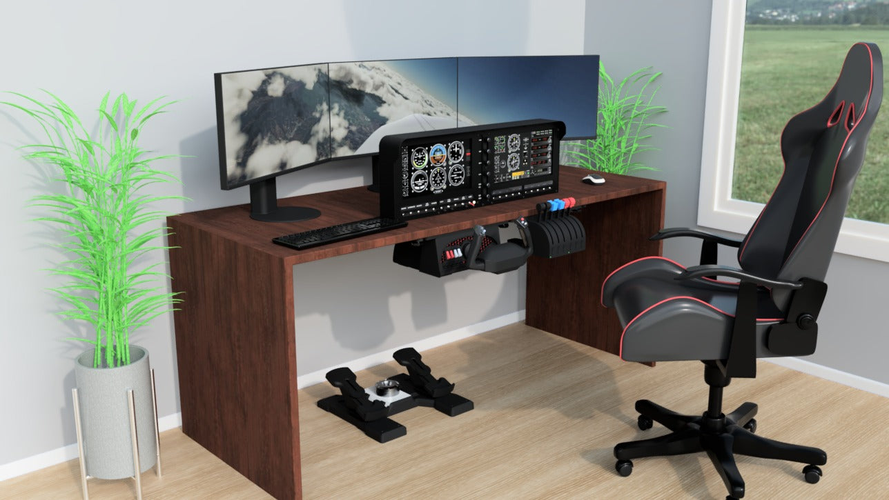 The ALLSPORTSYSTEMS Home Flight Simulator setup includes Flexible Instrument Panels, a dual-monitor display, pedals, and a racing-style chair on a wooden desk with plants on either side.