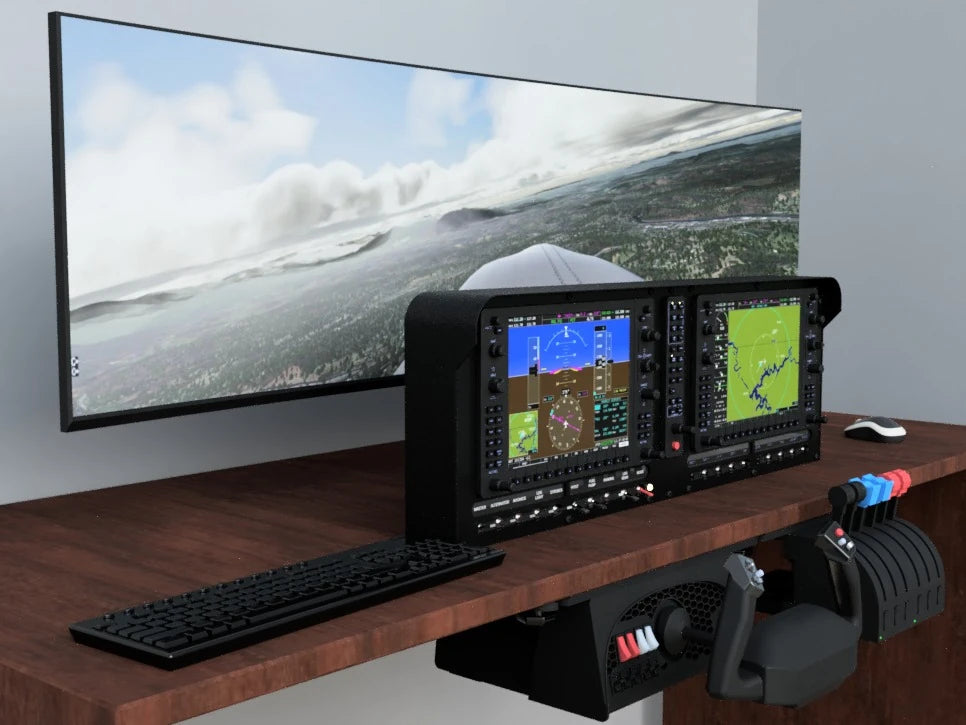 A desk-sized flight simulator setup on a wooden desk includes a large monitor showing a cockpit view with controls like a yoke and throttle quadrant. Enhance your setup with ALLSPORTSYSTEMS FlightPanel™ FLEX, flexible instrument panels and dashes for home flight simulators.