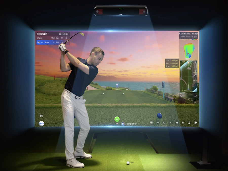 Golf simulator setup featuring the GOLFJOY GR3 ceiling mounted launch monitor.