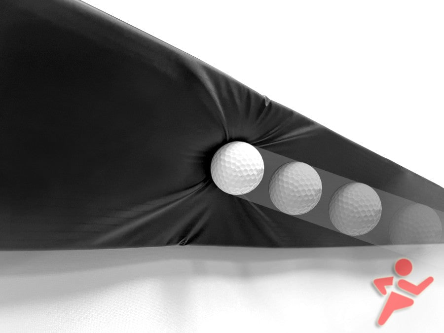 Four golf balls appear to glide effortlessly through a black triangular structure, set against a crisp white background. In the lower right corner, the vibrant red icon of ALLSPORTSYSTEMS adds an energetic flair, capturing the essence of movement and precision akin to the sport itself. This imagery perfectly embodies the Affordable Golf Simulator Bundle: Save $350 on Home Golf Simulator Packages with 16:9 MicroBay!