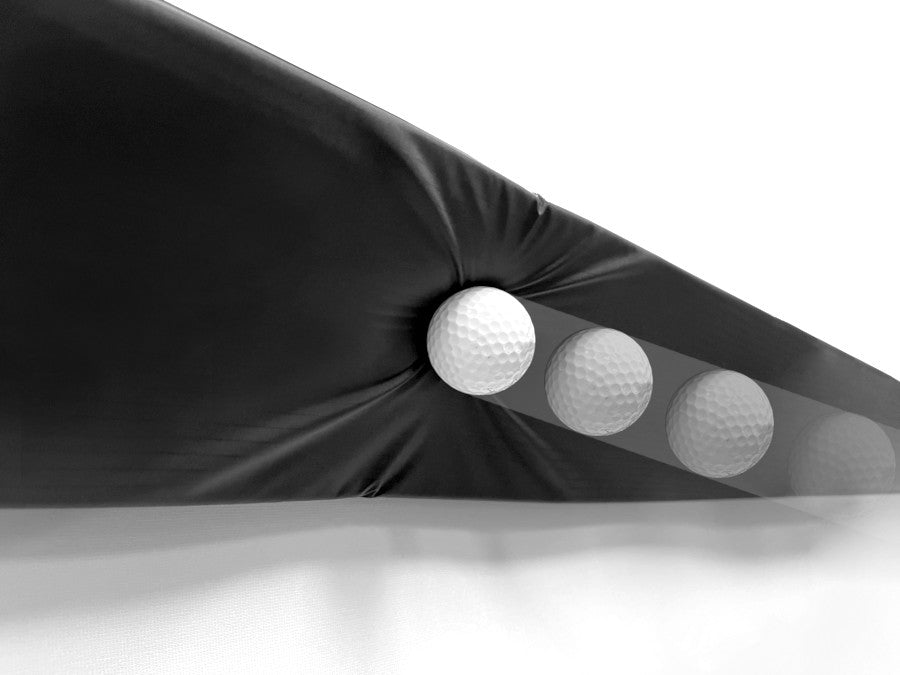 A golf ball, shown in motion with a blur effect across four sequential positions, features against a black and white geometric background. Product: Affordable Full Swing Golf KIT Simulator Package with 1080p Projector by ALLSPORTSYSTEMS.