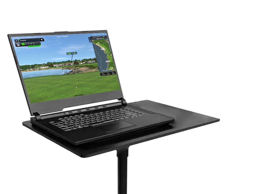 ALLSPORTSYSTEMS Preloaded Gaming Laptop With Stand for SkyTrak Golf Simulators shown on a tripod, with text: "Preconfigured Gaming Laptop" and "Included Laptop Tripod.