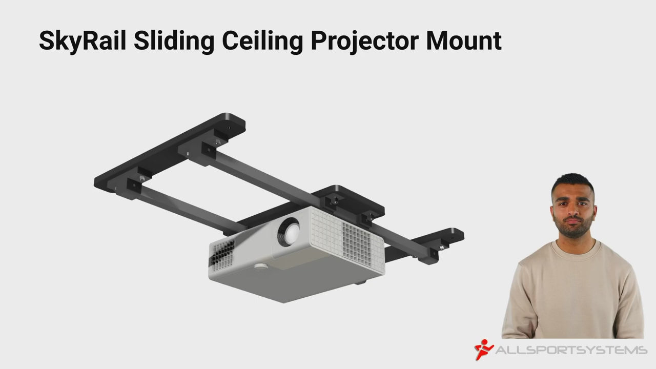 Video tutorial describing the SkyRail sliding projector mount for golf simulators by ALLSPORTSYSTEMS.