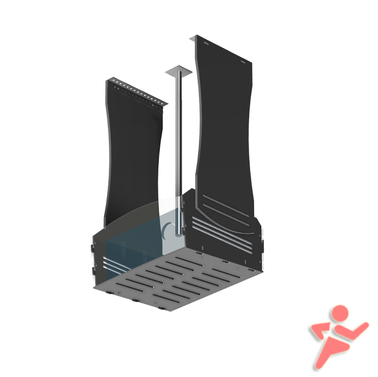 Introducing the Projector Shield™ Cage for Golf Simulator Projectors by AllSportSystems: a ceiling-mounted rectangular air duct designed for spaces such as golf simulation rooms, featuring two vertical vent covers and a central metallic rod for easy installation.