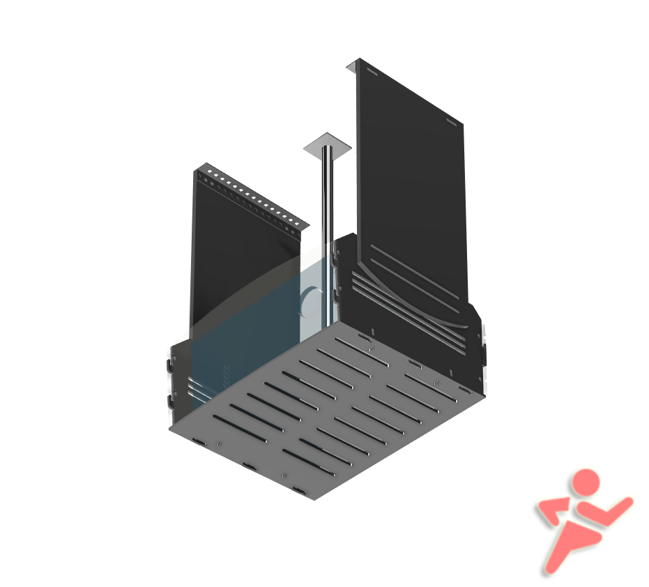 The Projector Shield™ Cage for Golf Simulator Projectors by AllSportSystems features a ceiling-mounted AV lift with sleek black sliding panels and a sturdy metal casing, making it perfect for adjustable audiovisual equipment installation. It's the ideal solution for integrating AllSportSystems technology or setting up a golf simulator at home.