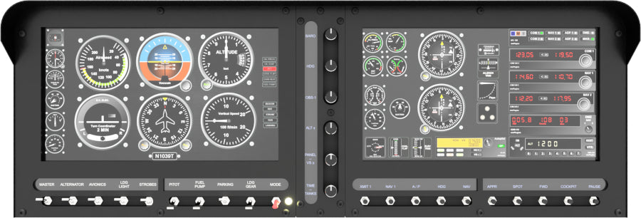 The ALLSPORTSYSTEMS Flexible Instrument Panels and Dashes for Home Flight Simulators feature analog and digital gauges to display essential data like altitude, airspeed, and compass headings, offering comprehensive navigation information for desk-sized setups.