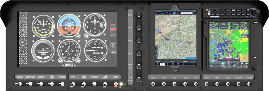 The ALLSPORTSYSTEMS Flexible Instrument Panels and Dashes for Home Flight Simulators offer an intricate cockpit dashboard with analog gauges, digital screens featuring navigational maps, and an array of control switches and dials.