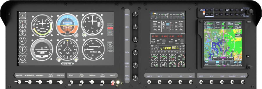 The Aircraft cockpit dashboard, similar to ALLSPORTSYSTEMS' Flexible Instrument Panels and Dashes for Home Flight Simulators, includes gauges, controls, and digital displays for altitude, speed, and navigation—ideal for enhancing your home flight simulator setup.