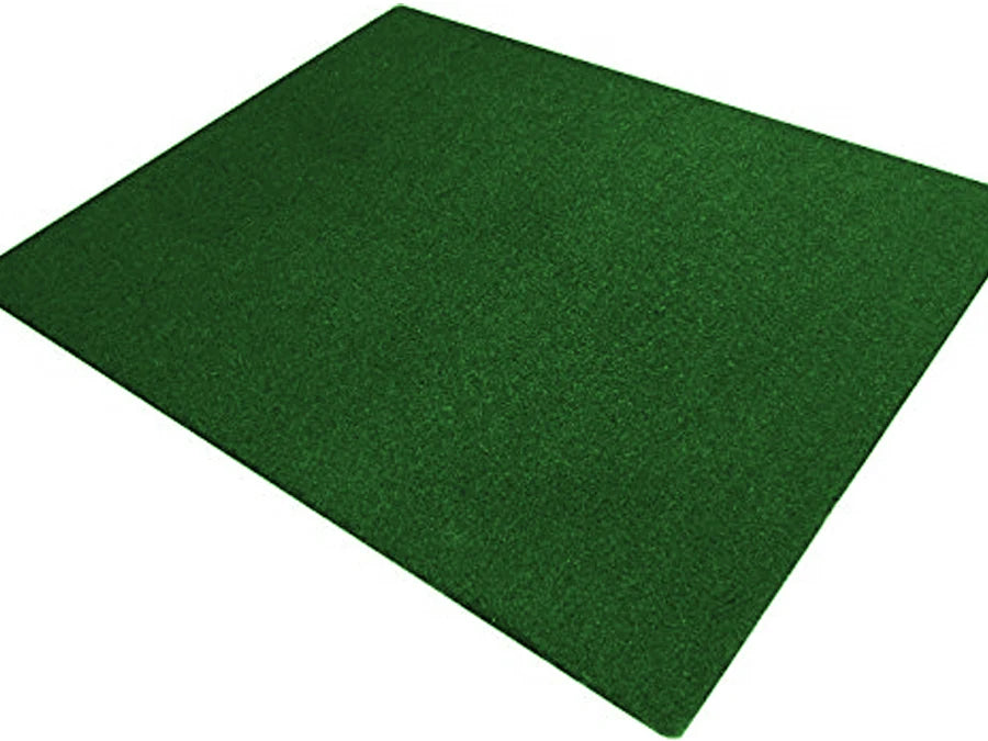 A square green artificial turf mat, ideal for ALLSPORTSYSTEMS' Complete Golf Simulator Packages for Small Spaces featuring the 16:9 MicroBay and Launch Monitor, rests on a plain white background.