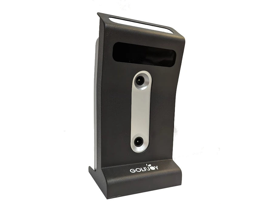 The GolfJoy GDS Plus Launch Monitor by GOLFJOY is a sleek black and silver device designed for golf enthusiasts, featuring a display and two circular sensors. The "GOLFJOY" logo adorns the front, offering precision to enhance your game.