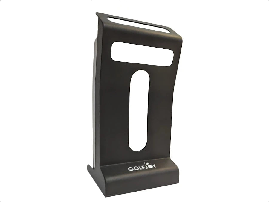 The sleek black golf putter stand with a modern design and cutout handle, featuring the "GOLFJOY" logo on the base, is perfect for any setup and complements your GolfJoy GDS Plus Launch Monitor or golf simulator for an enhanced experience.