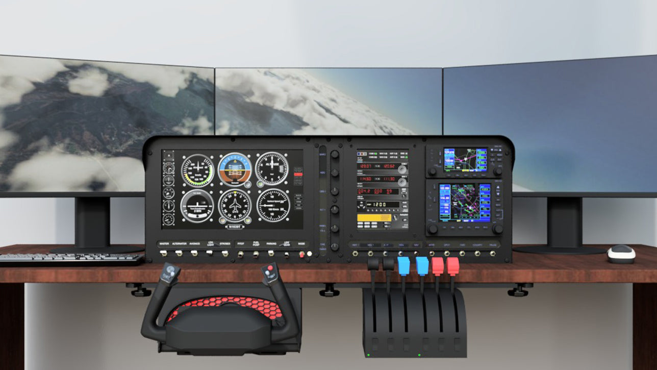 The ALLSPORTSYSTEMS setup features Flexible Instrument Panels and Dashes for Home Flight Simulators, showcasing multiple screens with cockpit displays, a yoke, and a throttle quadrant on a desk-sized wooden simulator.