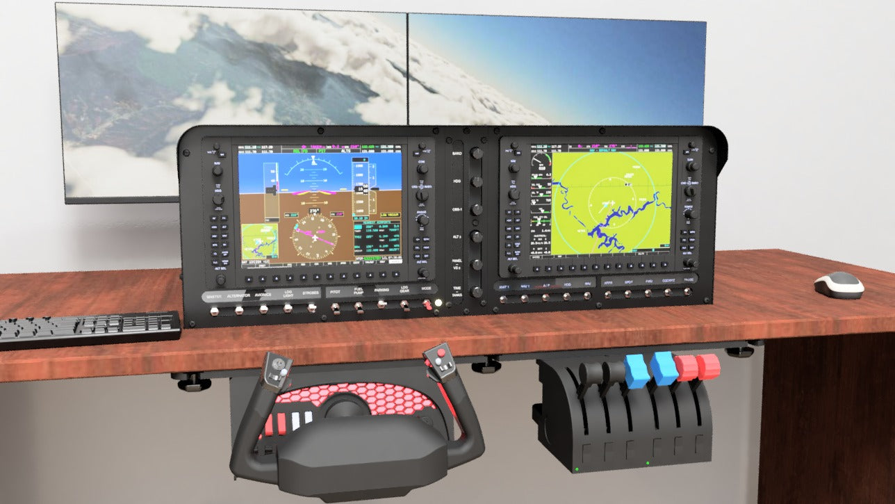 The ALLSPORTSYSTEMS Flexible Instrument Panels and Dashes setup includes dual monitors for cockpit controls, a yoke, throttle quadrant, and joystick on a wooden desk, providing vivid displays of flight instruments and maps for an immersive flight simulator experience.