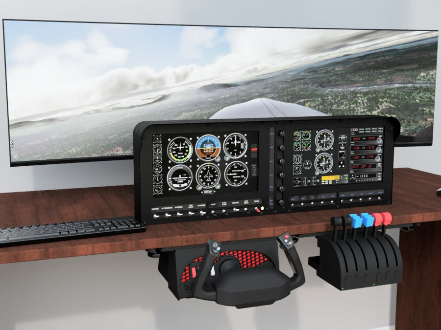 Experience the ultimate desk-sized flight simulator with ALLSPORTSYSTEMS' Flexible Instrument Panels and Dashes for Home Flight Simulators, featuring dual monitors that display cockpit instruments and stunning flight views, integrated with a keyboard, throttle quadrant, and yoke on a sleek wooden desk.