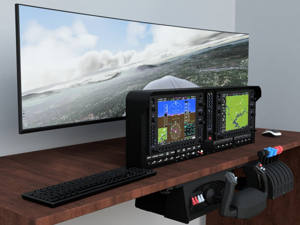 The ALLSPORTSYSTEMS desk-sized flight simulator setup, featuring dual monitors, a keyboard, and a joystick on a wooden surface, provides an immersive sky and landscape view. Enhanced with Flexible Instrument Panels for Home Flight Simulators from the FlightPanel™ FLEX line.