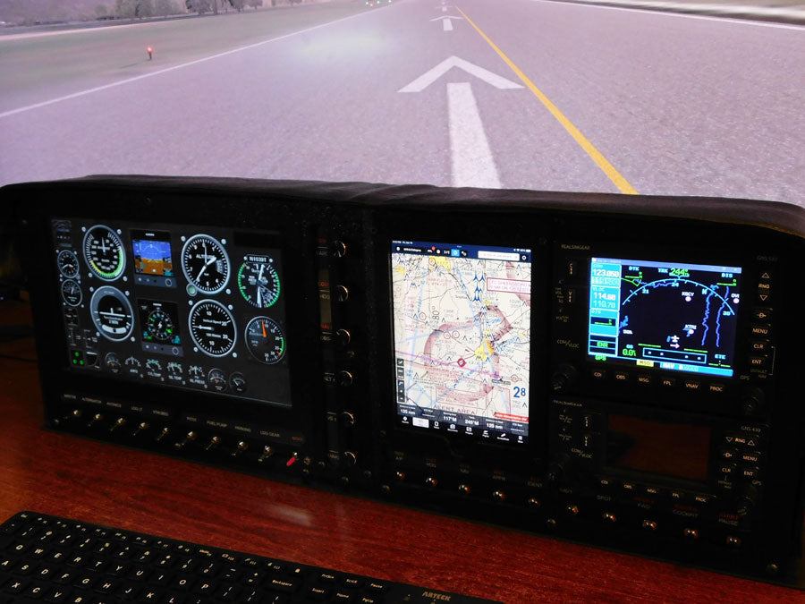 The ALLSPORTSYSTEMS Flexible Instrument Panels and Dashes for Home Flight Simulators offer a desk-sized experience with a sleek cockpit design featuring digital displays, essential flight instruments, navigation maps, and accurate runway approaches on its wooden panel.