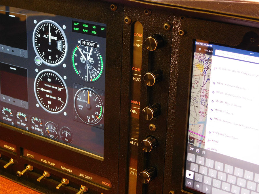 The Aircraft cockpit panel includes gauges, an electronic display, and a tablet with navigation and map details, similar to ALLSPORTSYSTEMS' Flexible Instrument Panels for Home Flight Simulators.