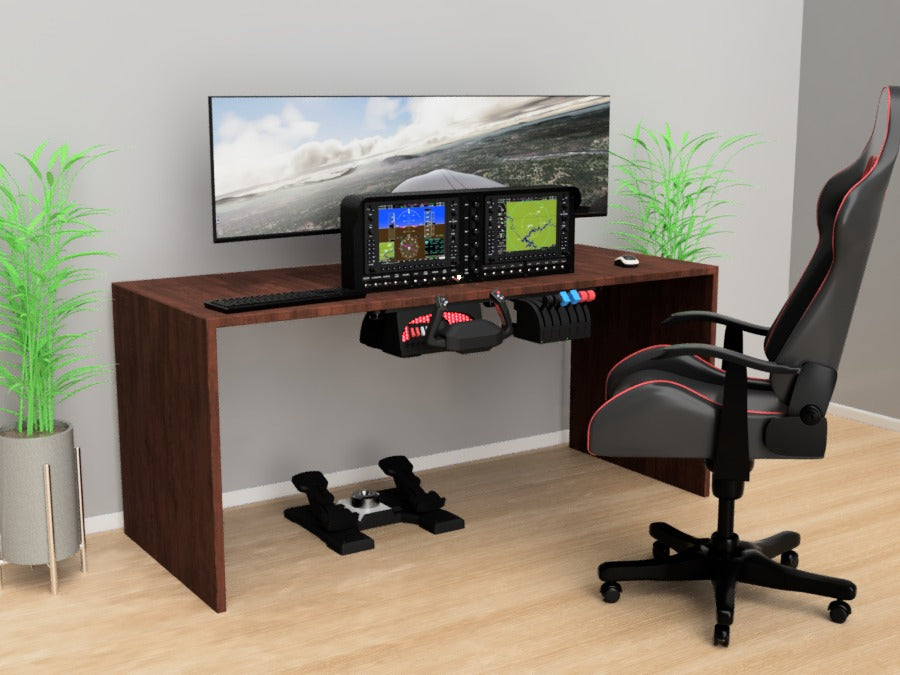 A desk-sized flight simulator setup includes a curved monitor, joystick, and foot pedals on a wooden desk. An ergonomic chair and two potted plants complete the scene, enhanced by ALLSPORTSYSTEMS' Flexible Instrument Panels for Home Flight Simulators for a more realistic experience.