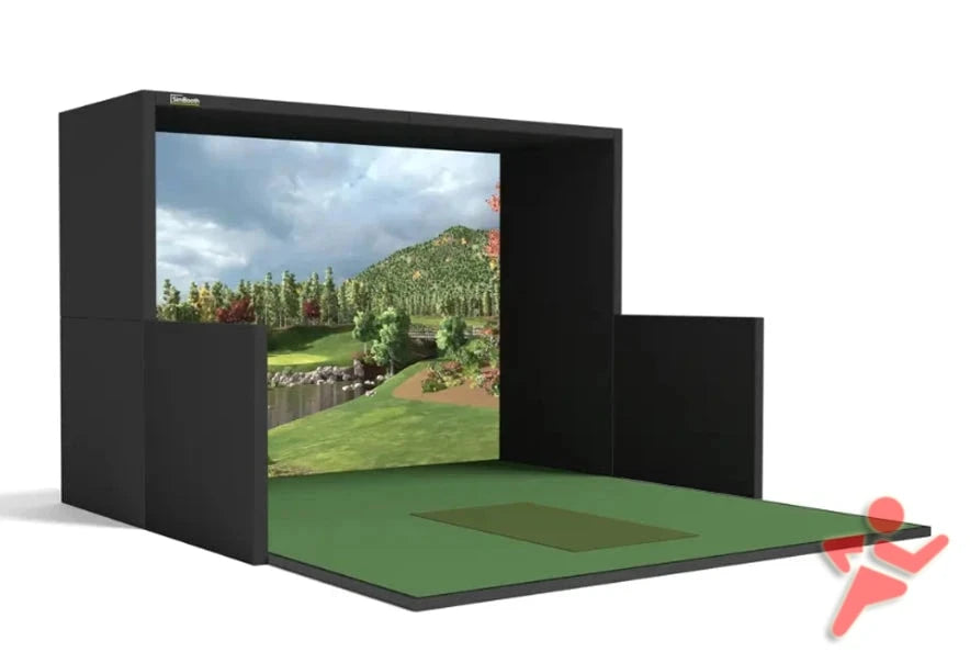 High end golf simulator bays and enclosures with side walls and ceiling protection.