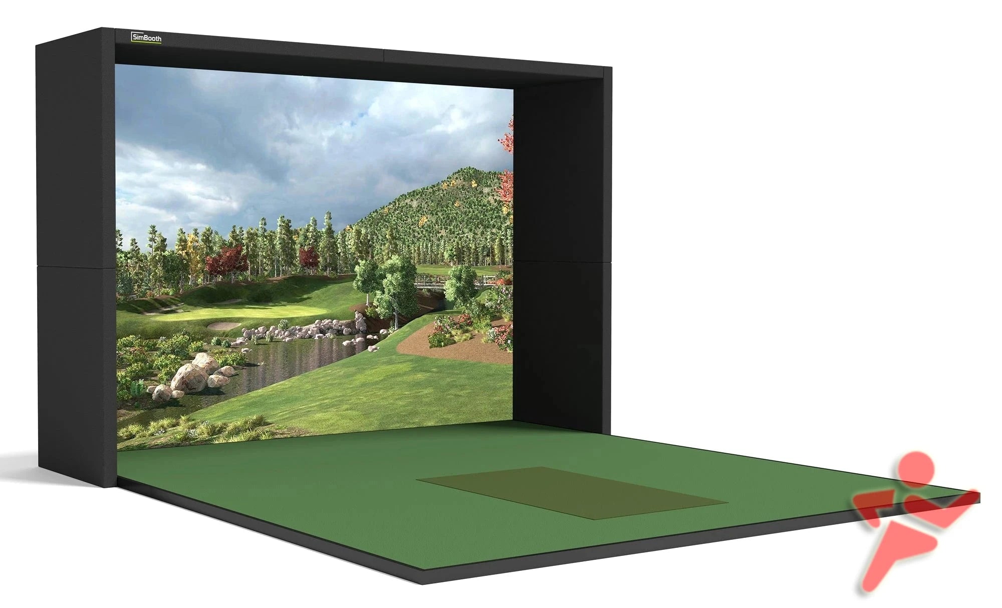 High end home golf simulator bays and enclosures with full golf flooring and solid side walls from SimBooth.