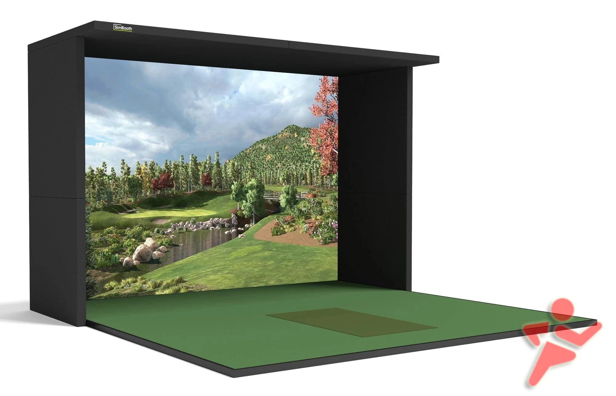 High end home golf simulator bays and enclosures with full golf flooring and solid side walls from SimBooth.