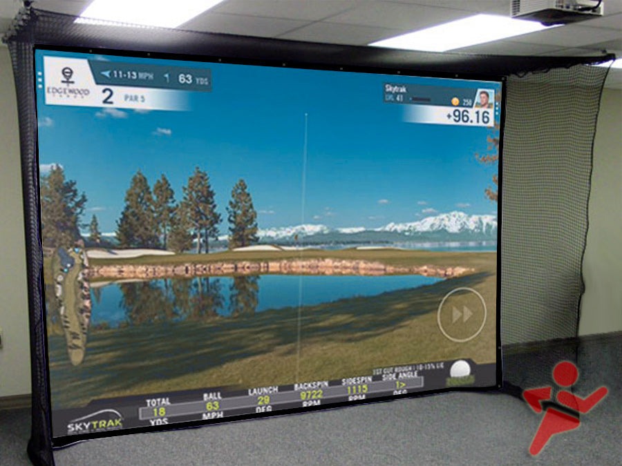 Experience the Hanging Golf Simulator Packages with Included Launch Monitor by Fast Bundle, featuring a captivating landscape of trees, water, and mountains. The on-screen data provides comprehensive course details, alongside speed and distance metrics.