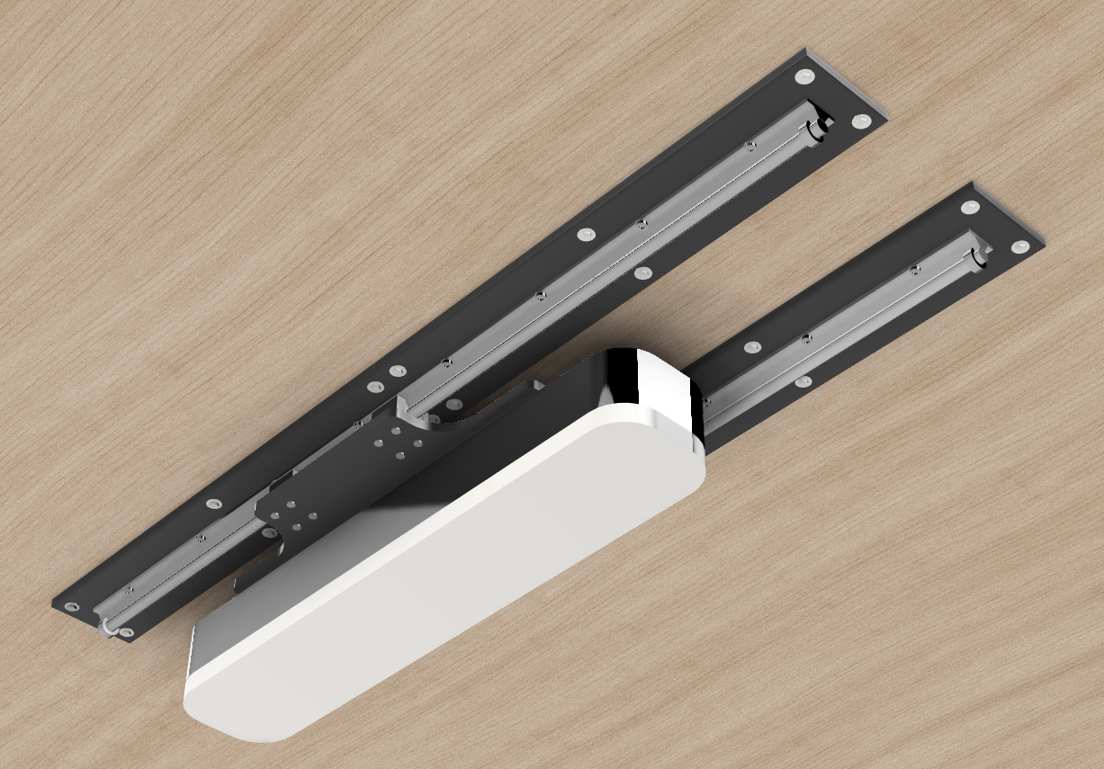 The SkyRail-LM Sliding Mount by ALLSPORTSYSTEMS is a sleek black and white linear light fixture, featuring adjustable metal arms for perfect ambiance, ideal for illuminating golf simulators or overhead launch monitors.