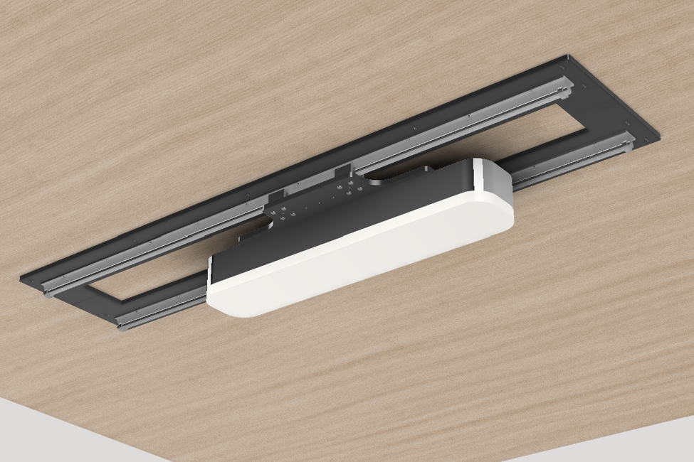 The SkyRail-LM Sliding Mount by ALLSPORTSYSTEMS is a sleek black and white linear light fixture, featuring adjustable metal arms for perfect ambiance, ideal for illuminating golf simulators or overhead launch monitors.
