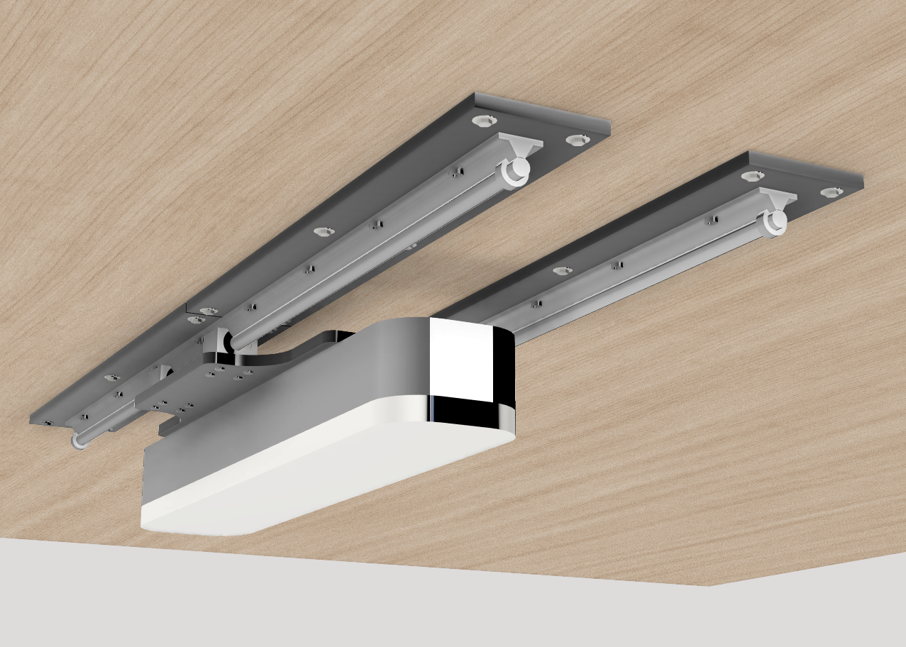 A sliding track ceiling mount for overhead launch monitors for golf simulators from Uneekor, ProTee, Foresight and many others.
