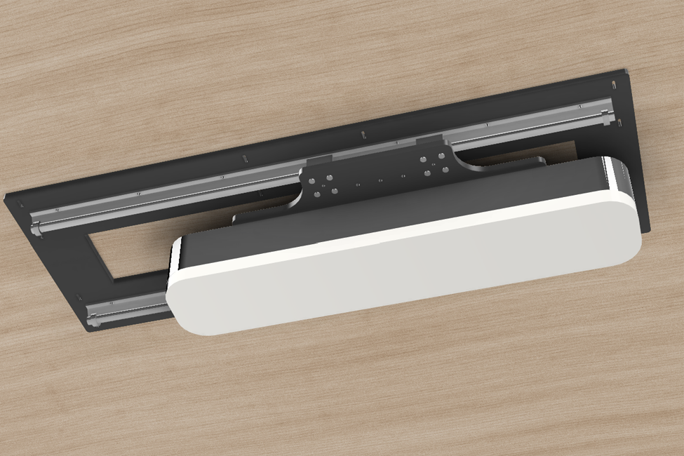 A sliding track ceiling mount for overhead launch monitors for golf simulators from Uneekor, ProTee, Foresight and many others.