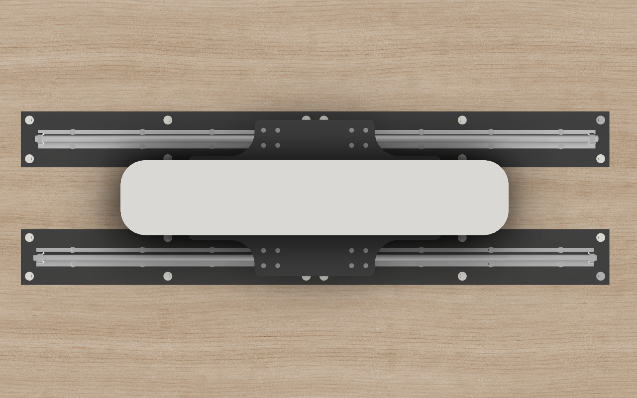 A close-up of the sleek black and silver SkyRail-LM Sliding Mount by ALLSPORTSYSTEMS showcases its sliding mount and cables, ideal for integrating with an overhead golf launch monitor or simulator setup.