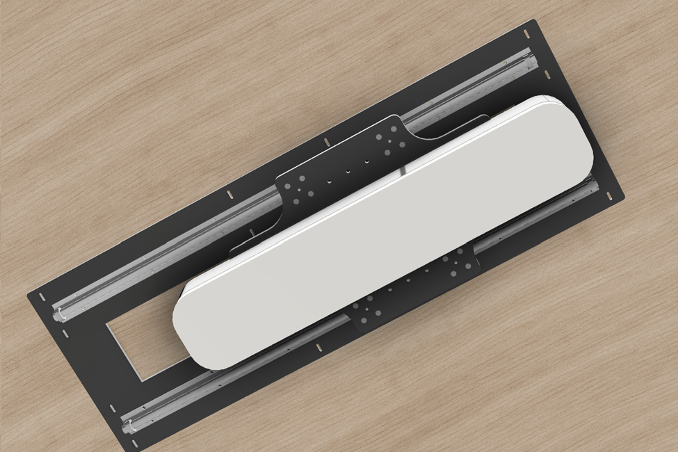 A close-up of the sleek black and silver SkyRail-LM Sliding Mount by ALLSPORTSYSTEMS showcases its sliding mount and cables, ideal for integrating with an overhead golf launch monitor or simulator setup.