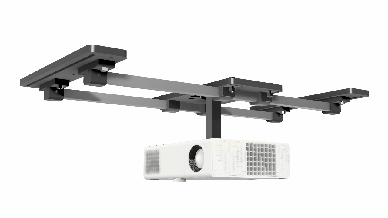 Ceiling-mounted projector on an AllSportSystems SkyRail Adjustable Sliding Ceiling Projector Mount for Golf Simulators.