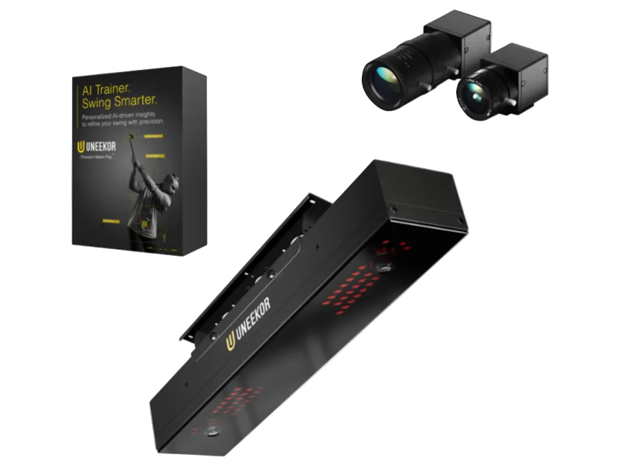 Uneekor EYE XR Rear Mounted Golf Sim Launch Monitors with Swing Optix Cameras and AI Swing Trainer.