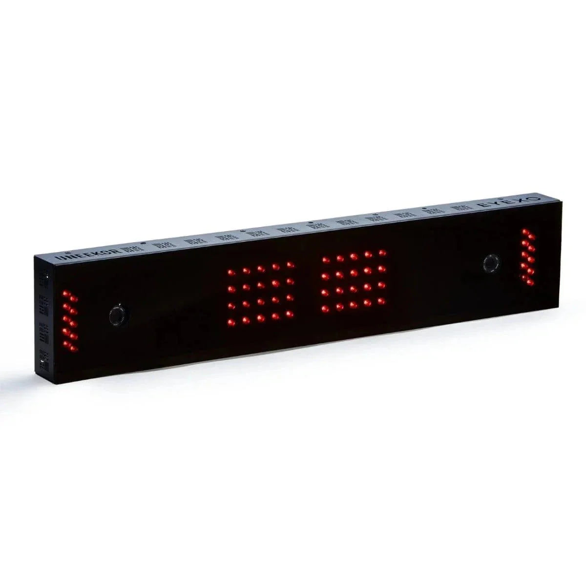 The Budget Uneekor Eye XO Simulator Kit for Small Rooms with Projector from Fast Bundle features a digital LED wall clock showcasing time in red lights on a sleek, rectangular black panel.