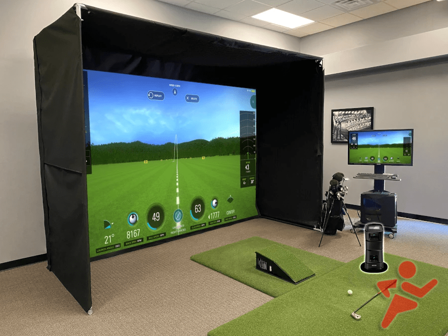 Experience the ultimate golf simulator setup with Fast Bundle's Complete Golf Simulator Package. It includes the Uneekor Eye MINI and a 16-9 SuperBay, featuring a large virtual screen, durable golf mat, and sturdy club stand for seamless play.