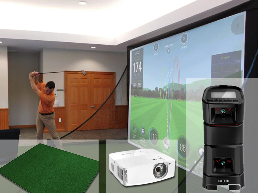 A complete home golf simulator with the Uneekor Eye Mini launch monitor and a Micro Bay for small rooms from ALLSPORTSYSTEMS.