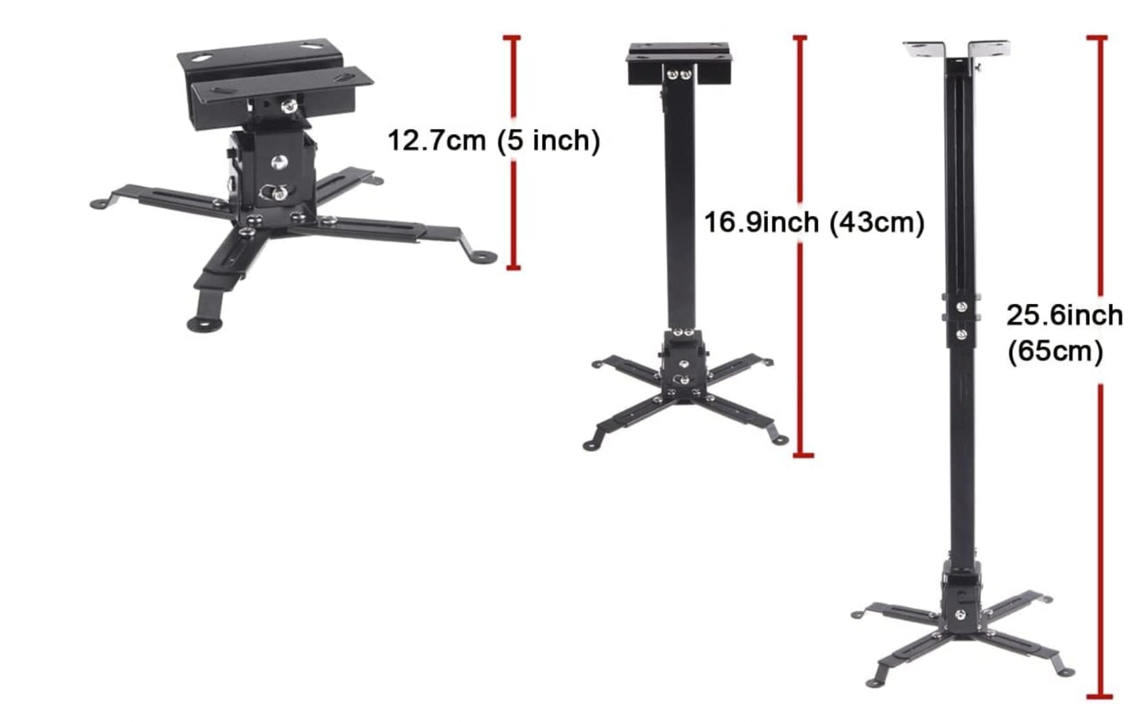 The AllSportSystems SkyRail™ Adjustable Sliding Ceiling Projector Mount for Golf Simulators offers three configurations: 5 inches (12.7 cm), 16.9 inches (43 cm), and 25.6 inches (65 cm). This black Universal Projector Mount comes with multiple mounting arms, making it ideal for versatile installation needs.